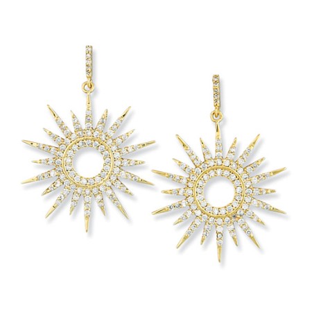 Gold Plated Large Sunburst Earrings with CZs - Click Image to Close